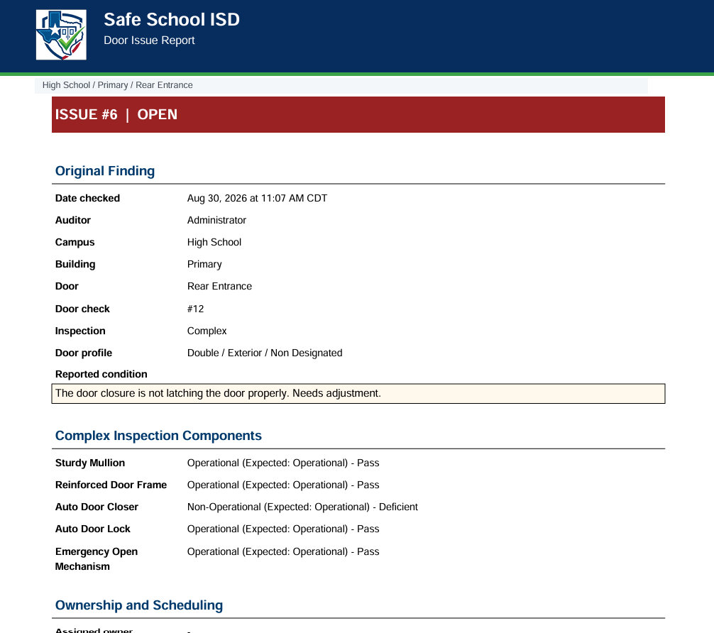 Texas Door Audit issue-management screen showing incident details and response activity
