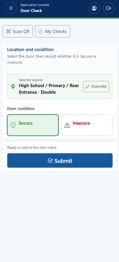 Texas Door Audit mobile Door Check screen showing the selected location and Secure or Insecure condition choices